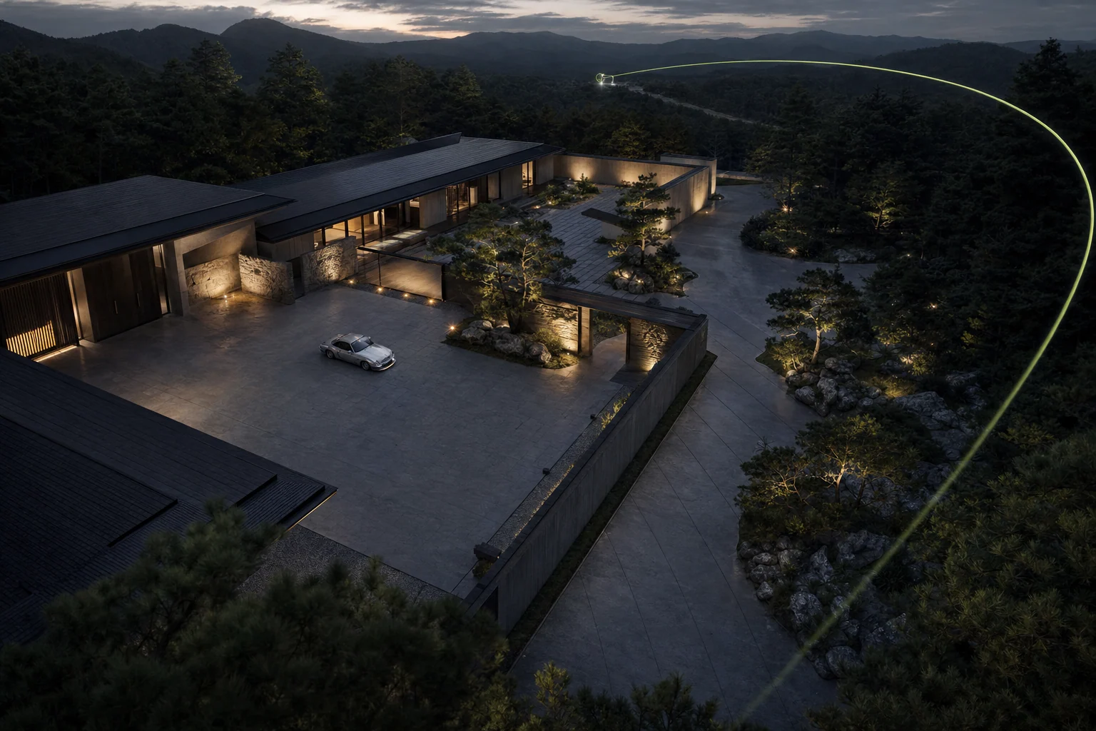 Generated launch concept of an elevated view across a custom driving Estate