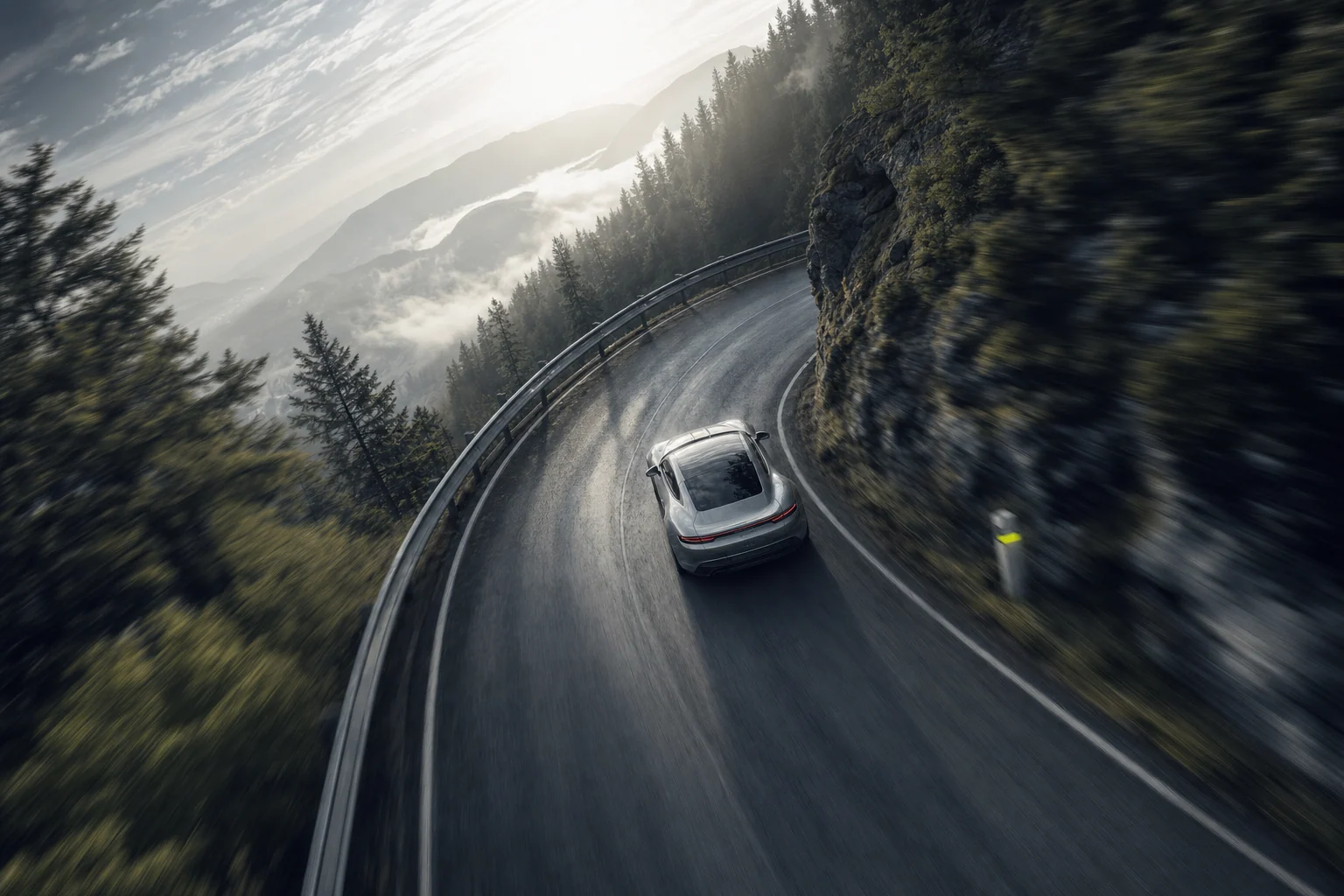 Generated FPV launch concept following a sports car through a Japanese driving scene