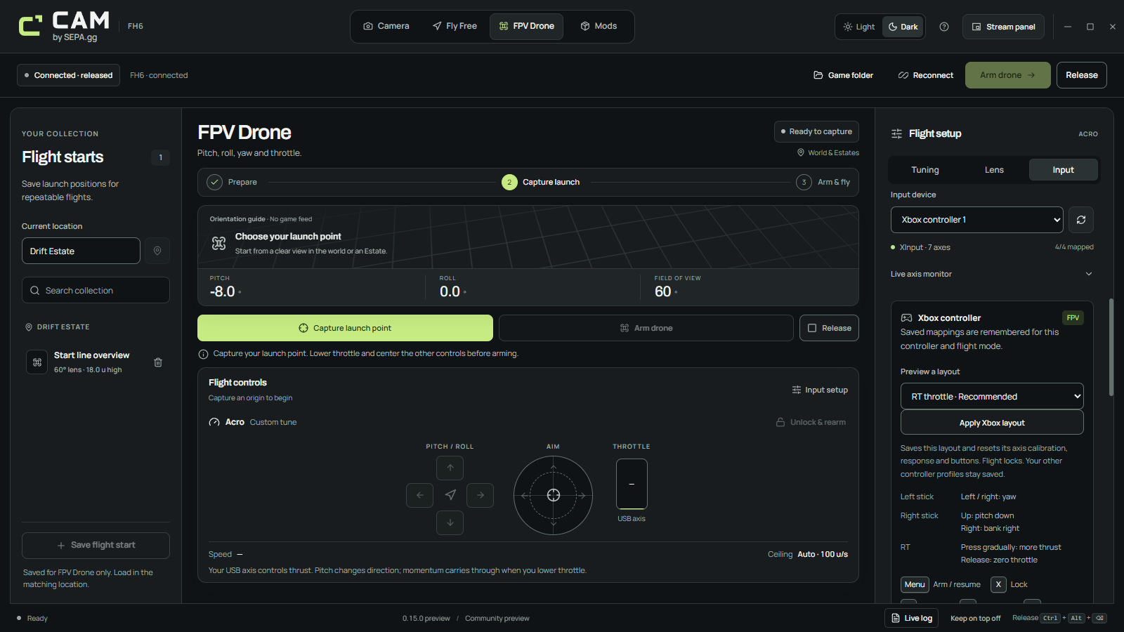 Xbox input setup in CAM by SEPA.gg, using demo data